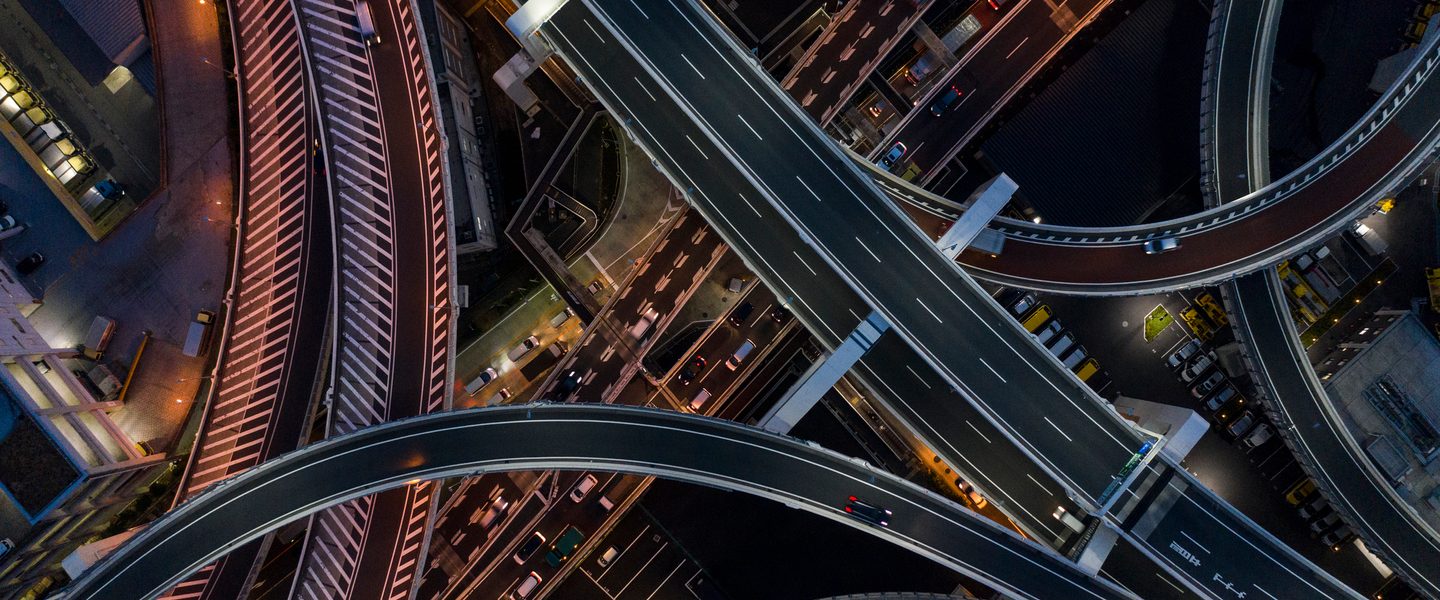 Night photograph of complicated intersecting highway