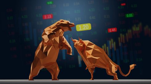 Bull and Bear with Stock Market symbol backdrop